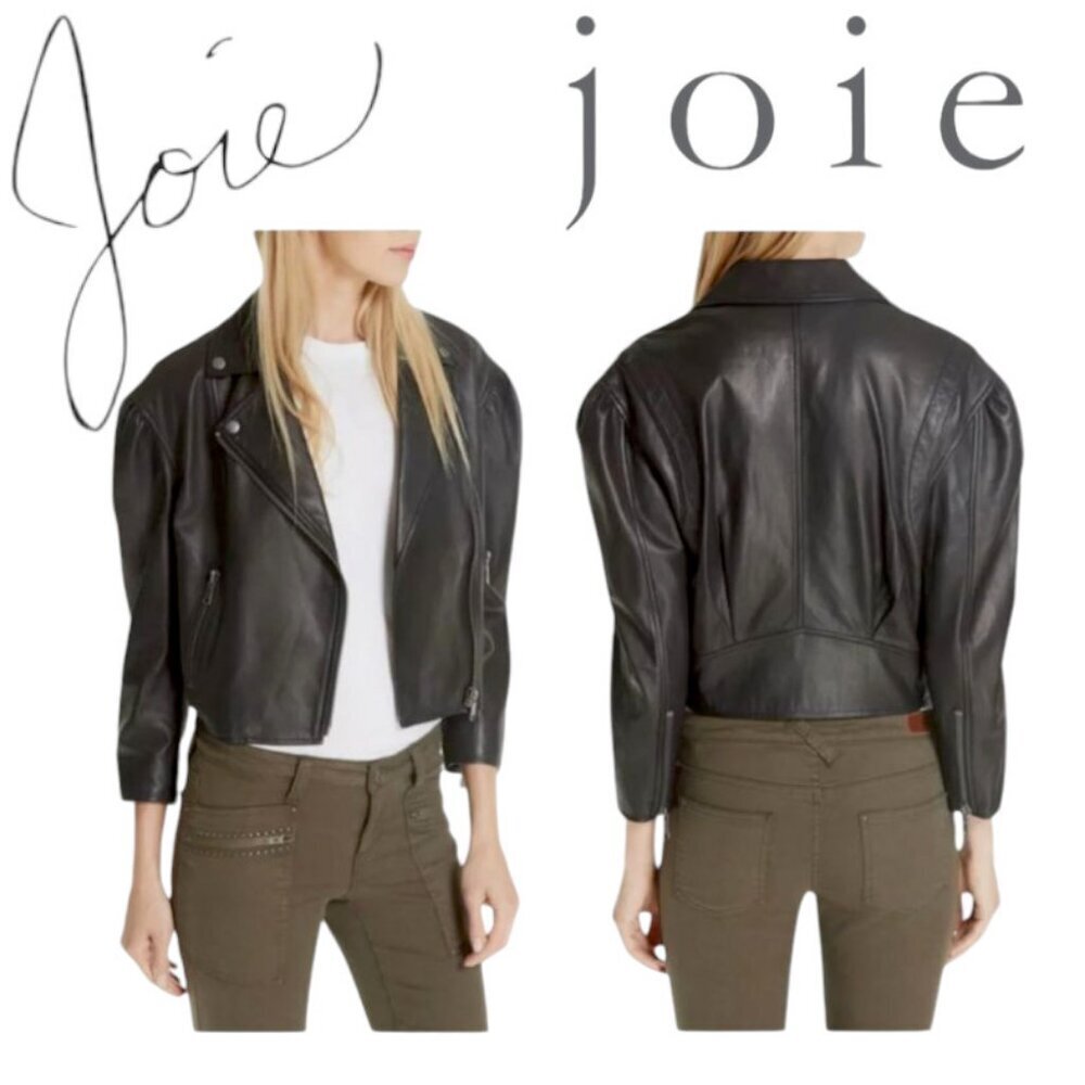 NWT Joie Black Leather Moto Jacket Lambskin Cropped Puff 3/4 Sleeve Biker Jacket
